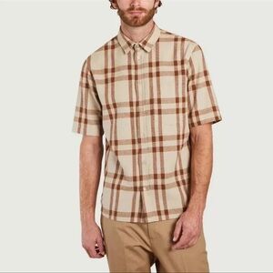 Samsoe Samsoe Taro Plaid Short Sleeve Boxy Textured Shirt In Brown Men's Sz L